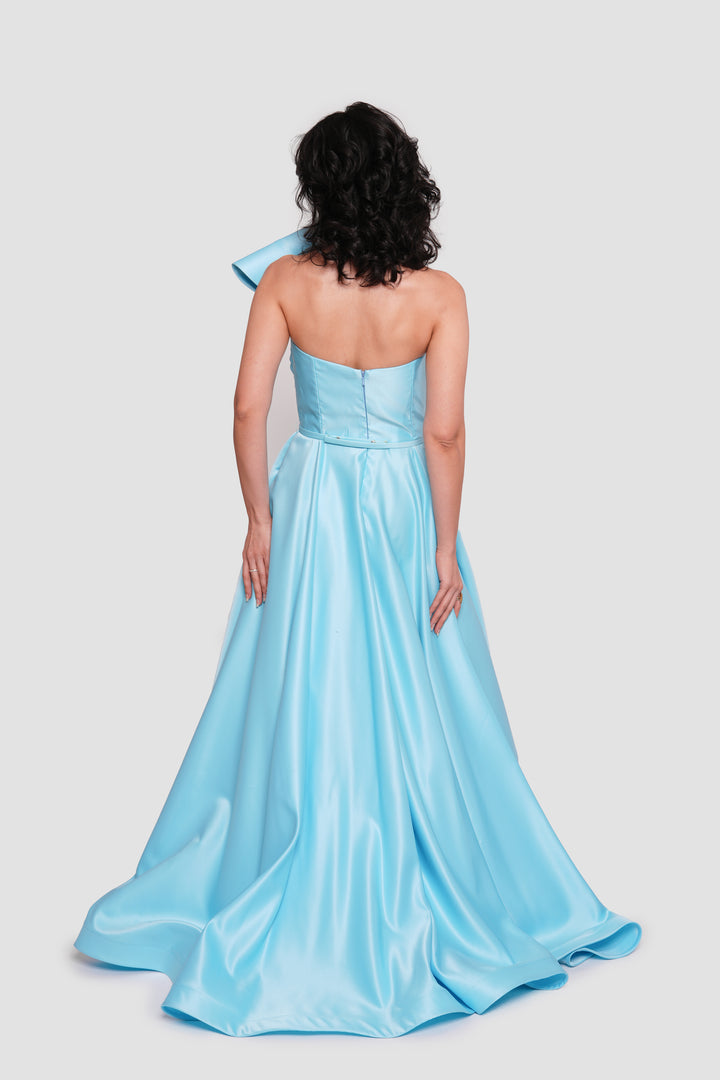 Araya Aqua Blue Silk Satin Strapless Corset Maxi Dress