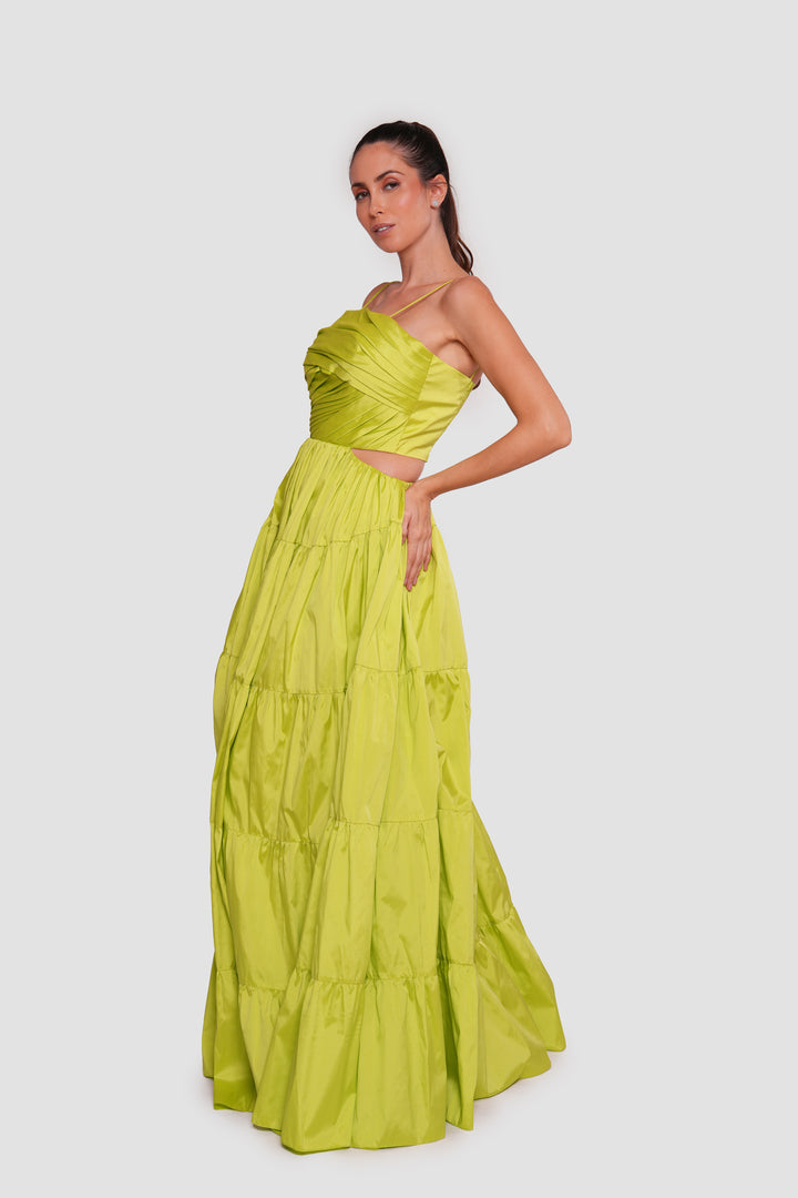 Marcella Lime Green Straight Neckline Open Back Maxi Dress