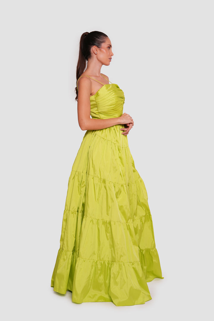 Marcella Lime Green Straight Neckline Open Back Maxi Dress