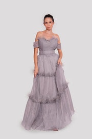Evelyn Gray Organza Off-shoulder Corset Maxi Dress With Feathers