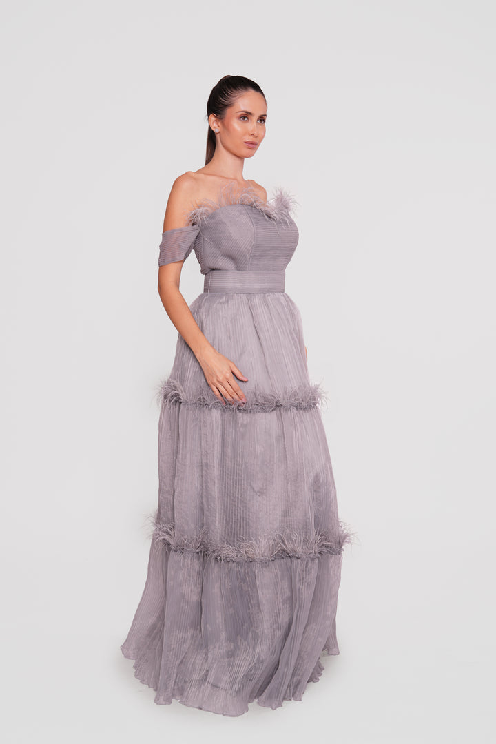 Evelyn Gray Organza Off-shoulder Corset Maxi Dress With Feathers