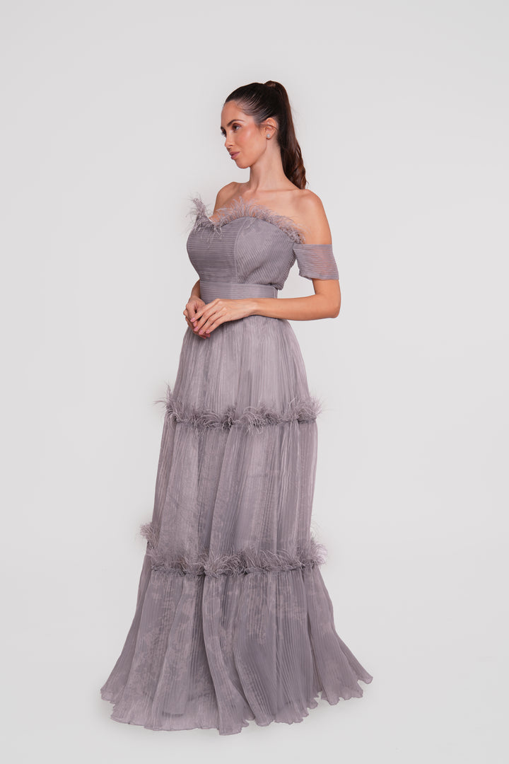 Evelyn Gray Organza Off-shoulder Corset Maxi Dress With Feathers