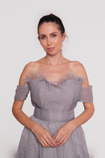 Load image into Gallery viewer, Evelyn Gray Organza Off-shoulder Corset Maxi Dress With Feathers
