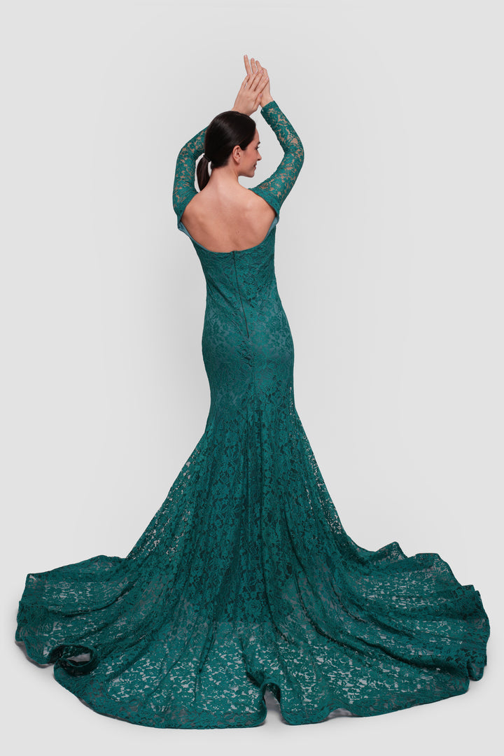 Diana Emerald Green Lace Open Back Gown