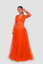 Load image into Gallery viewer, Nouf Vibrant Orange V-neckline Tulle Maxi Dress With Sheer Sleeves
