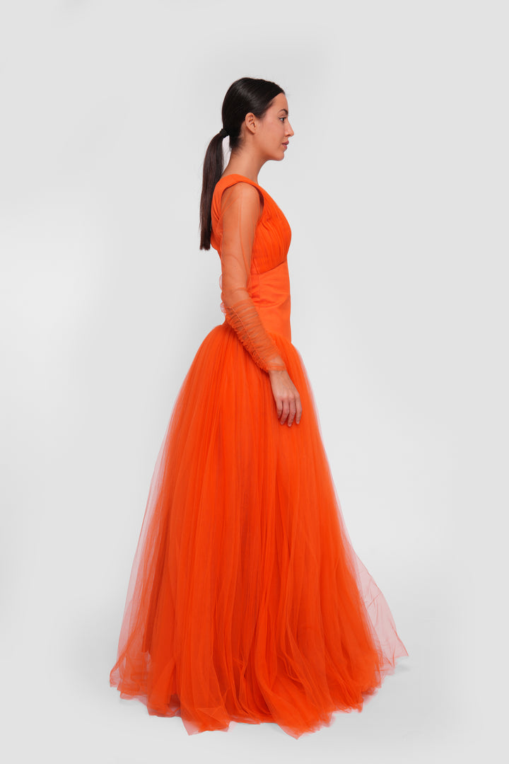 Nouf Vibrant Orange V-neckline Tulle Maxi Dress With Sheer Sleeves