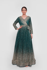 Zahra Teal Green With White And Gold Accents Plunging V-neckline Maxi Dress