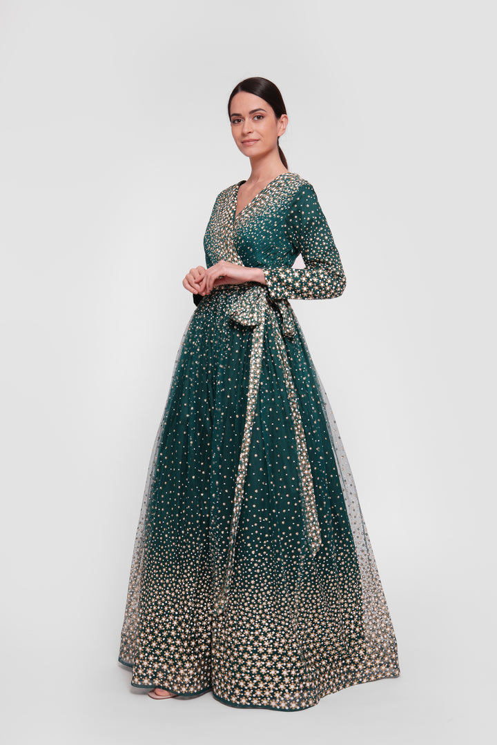 Zahra Teal Green With White And Gold Accents Plunging V-neckline Maxi Dress