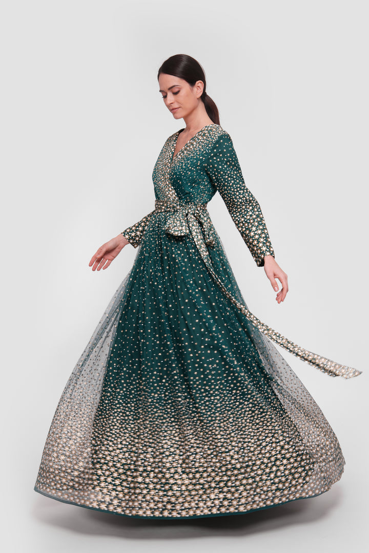 Zahra Teal Green With White And Gold Accents Plunging V-neckline Maxi Dress