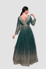 Load image into Gallery viewer, Zahra Teal Green With White And Gold Accents Plunging V-neckline Maxi Dress
