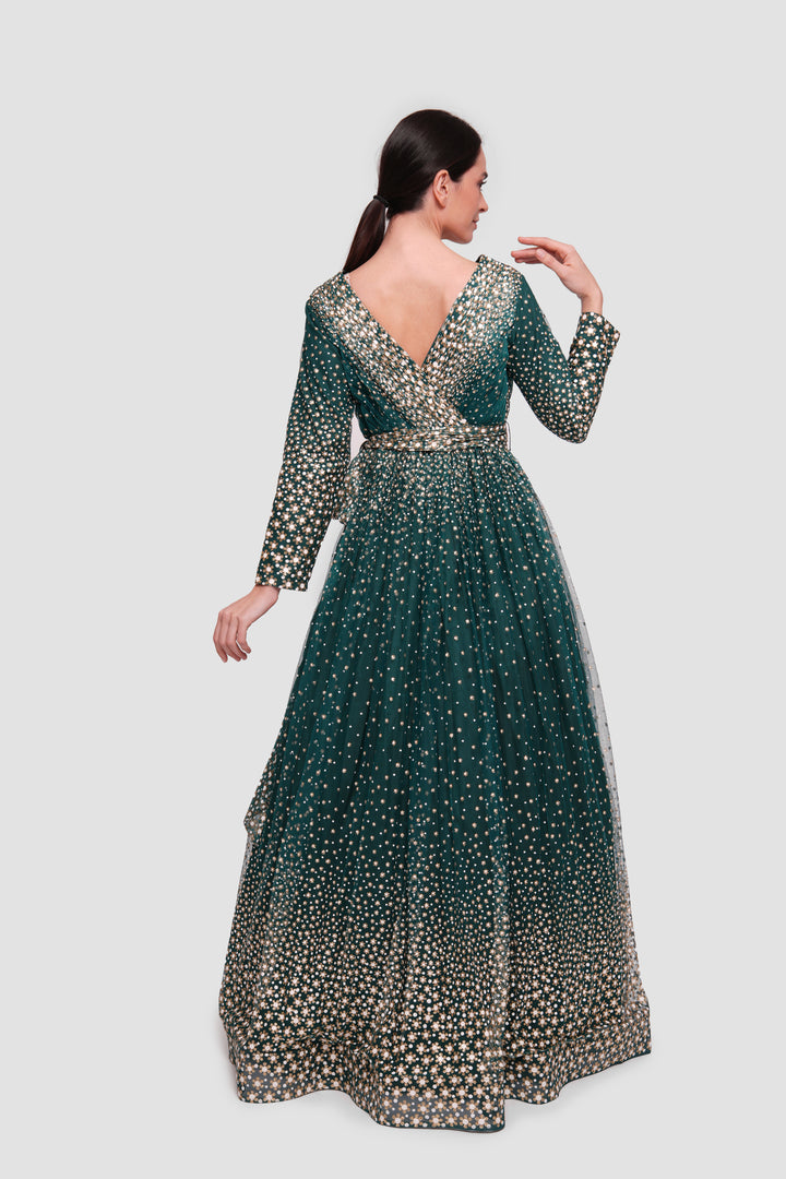 Zahra Teal Green With White And Gold Accents Plunging V-neckline Maxi Dress