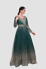 Load image into Gallery viewer, Zahra Teal Green With White And Gold Accents Plunging V-neckline Maxi Dress
