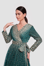 Load image into Gallery viewer, Zahra Teal Green With White And Gold Accents Plunging V-neckline Maxi Dress
