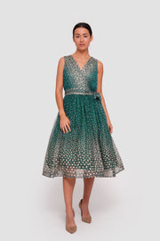 Farah Teal Green With White And Gold Embellishments Sleeveless Midi Dress