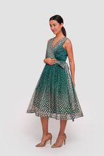 Load image into Gallery viewer, Farah Teal Green With White And Gold Embellishments Sleeveless Midi Dress
