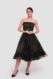 Layla  Black Tulle With gold glitter padded corset midi dress