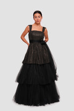 Load image into Gallery viewer, Ariella  Black Tulle With Gold Glitter Corset Maxi Dress With Straps
