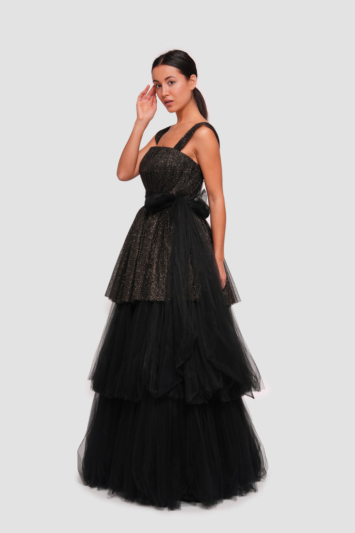 Ariella Black Tulle With Gold Glitter Corset Maxi Dress With Straps | SARAH M Sarah M Ariella Black Tulle With Gold Glitter Corset Maxi Dress With Straps | SARAH M Sarah M