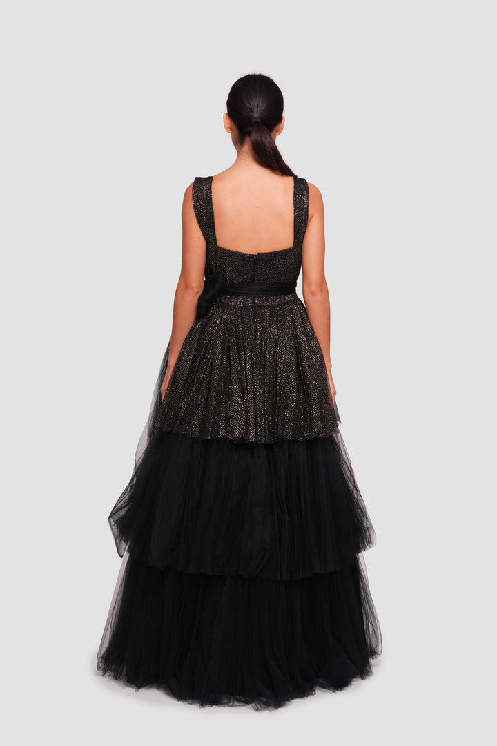 Ariella  Black Tulle With Gold Glitter Corset Maxi Dress With Straps