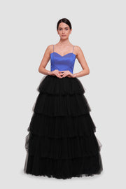 Layali Blue Black Taffeta Tulle Corset Maxi Dress