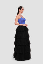 Load image into Gallery viewer, Layali Blue Black Taffeta Tulle Corset Maxi Dress
