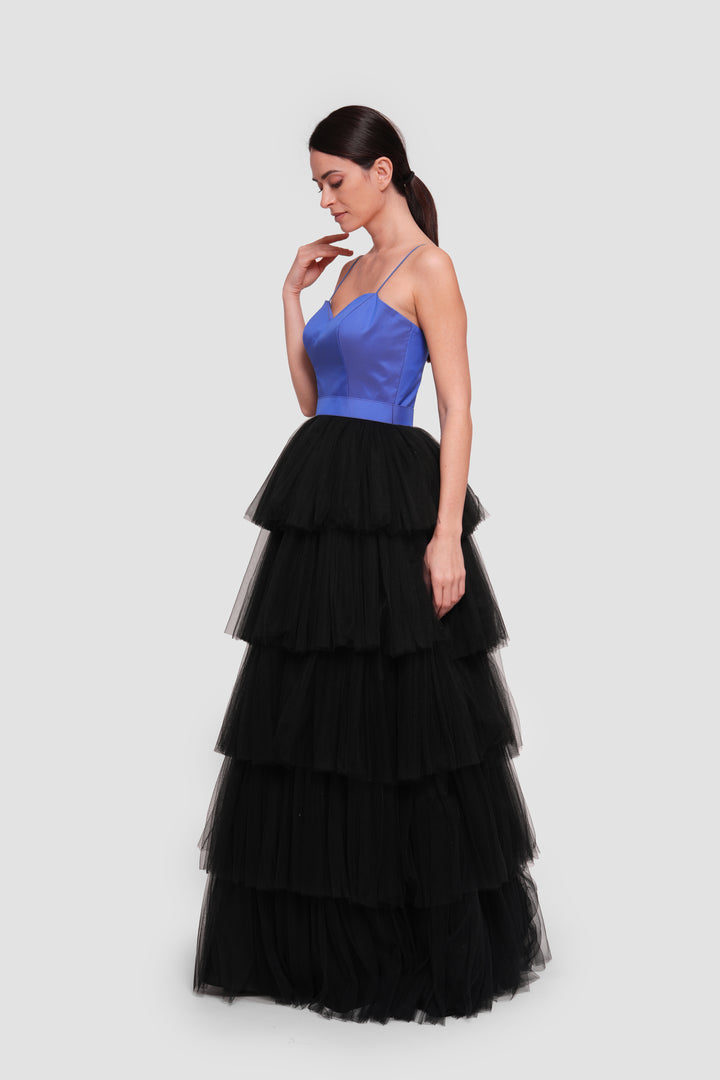 Layali Blue Black Taffeta Tulle Corset Maxi Dress
