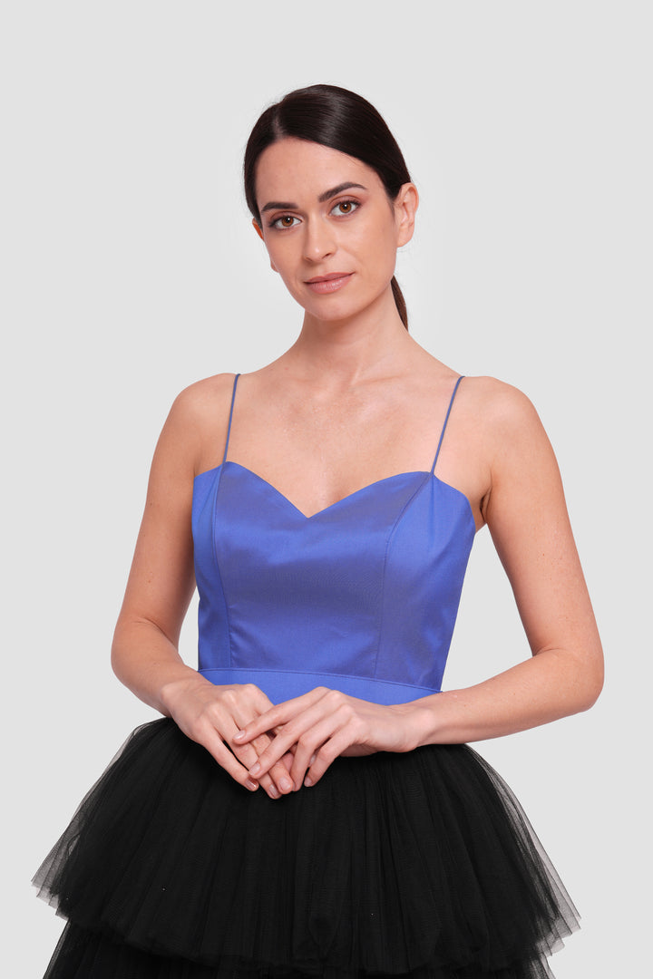 Layali Blue Black Taffeta Tulle Corset Maxi Dress