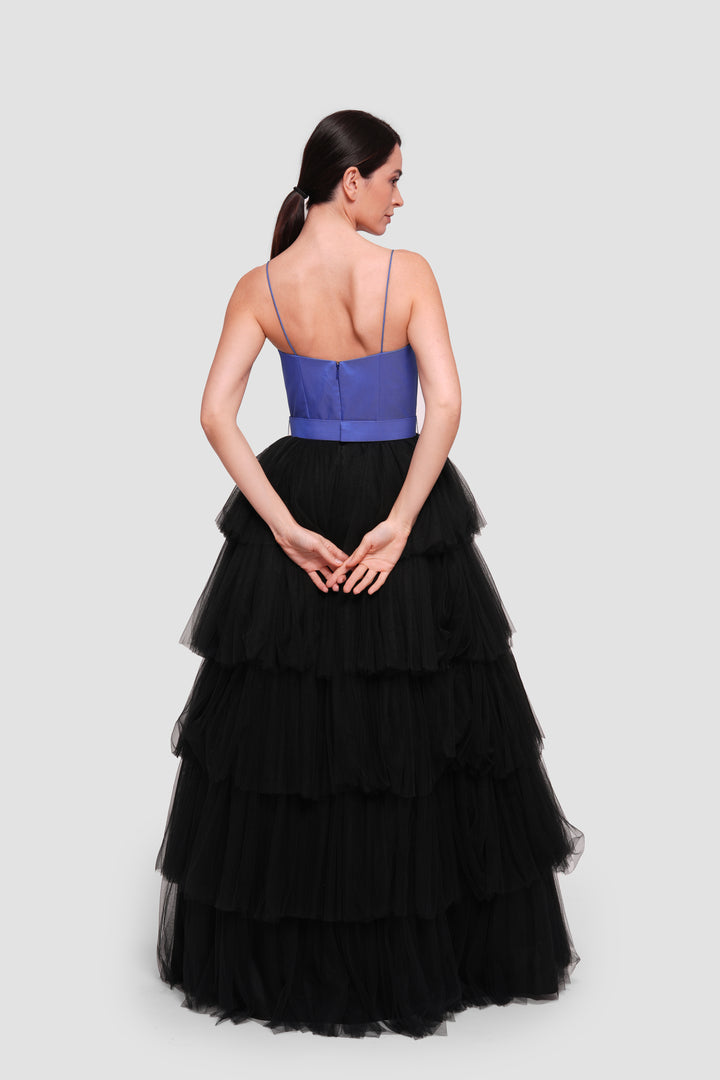 Layali Blue Black Taffeta Tulle Corset Maxi Dress
