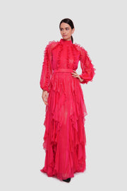 Estella  Crimson Red Shimmer Georgette High Neckline Maxi Dress With Ruffles