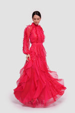Load image into Gallery viewer, Estella  Crimson Red Shimmer Georgette High Neckline Maxi Dress With Ruffles
