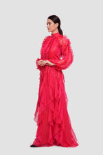 Load image into Gallery viewer, Estella  Crimson Red Shimmer Georgette High Neckline Maxi Dress With Ruffles
