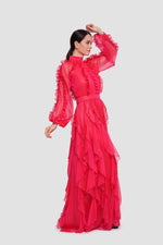 Load image into Gallery viewer, Estella  Crimson Red Shimmer Georgette High Neckline Maxi Dress With Ruffles
