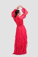 Load image into Gallery viewer, Estella  Crimson Red Shimmer Georgette High Neckline Maxi Dress With Ruffles
