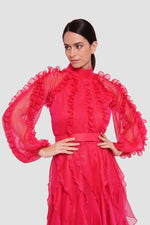 Load image into Gallery viewer, Estella  Crimson Red Shimmer Georgette High Neckline Maxi Dress With Ruffles
