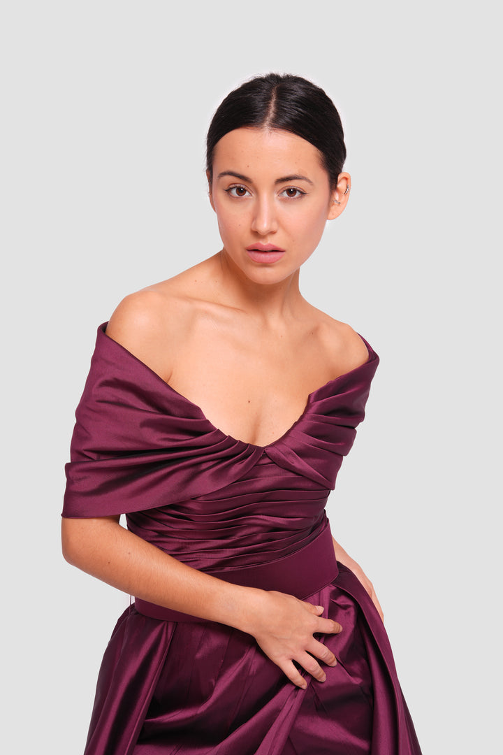 Vivienne  Bordeaux Taffeta Pleated Corset Maxi Dress