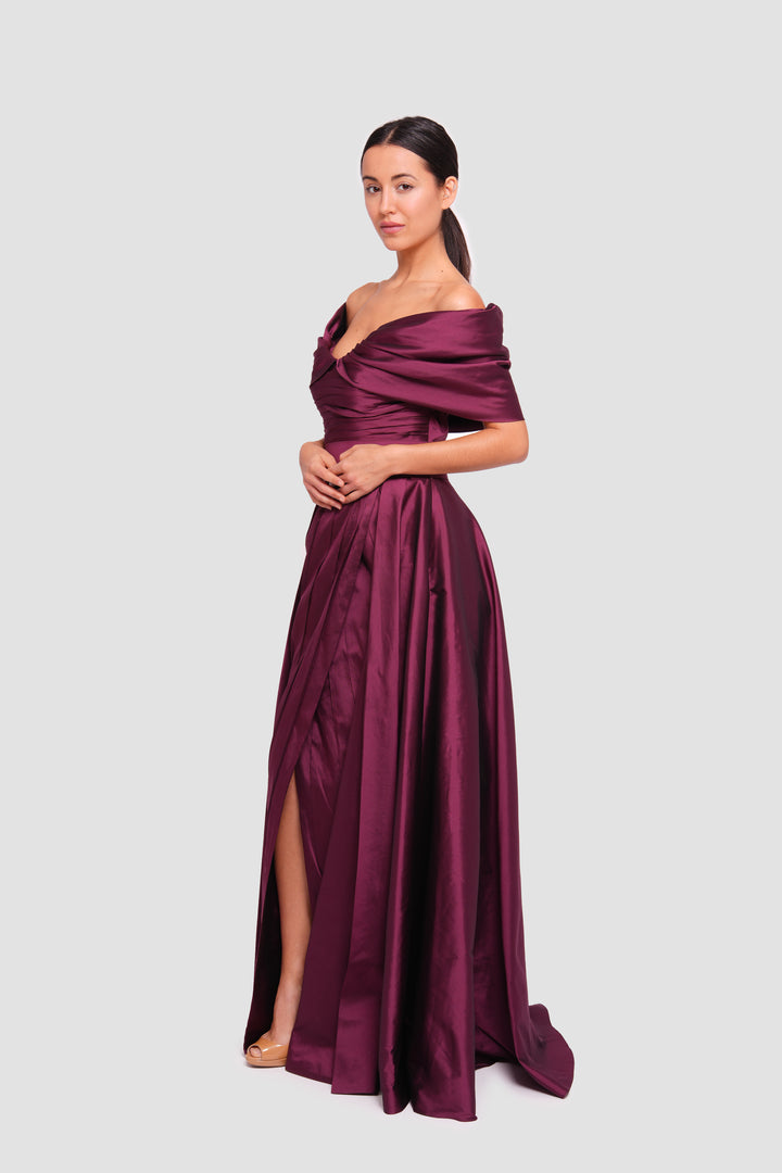 Vivienne  Bordeaux Taffeta Pleated Corset Maxi Dress