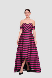 Emily Fuchsia And Black Striped Off-shoulder High-low Maxi Dress
