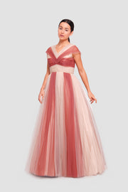 Mia Cap-sleeve V-neckline Maxi Dress With Striking Multi-tonal Tulle Layers