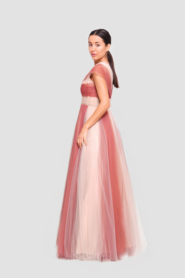 Mia Cap-sleeve V-neckline Maxi Dress With Striking Multi-tonal Tulle Layers