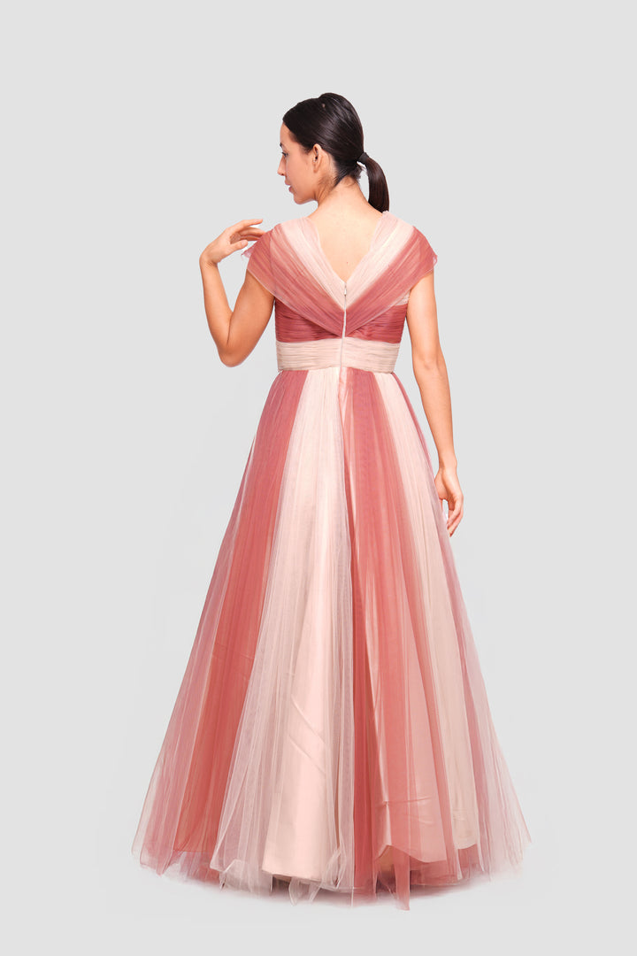 Mia Cap-sleeve V-neckline Maxi Dress With Striking Multi-tonal Tulle Layers