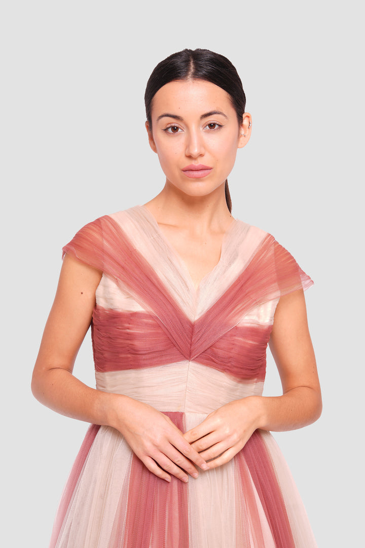 Mia Cap-sleeve V-neckline Maxi Dress With Striking Multi-tonal Tulle Layers