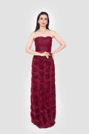 Rosabelle Strapless Rose Textured Gown In Burgundy