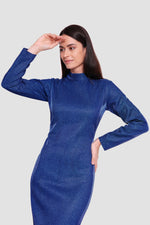 Load image into Gallery viewer, Sara Midnight Blue Glitter Fabric High Neck Maxi Dress
