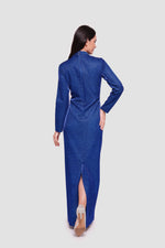 Load image into Gallery viewer, Sara Midnight Blue Glitter Fabric High Neck Maxi Dress
