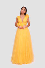 Load image into Gallery viewer, Afnan Yellow Tulle V-neckline Open Back Maxi Dress With Floral Applique Embellishments
