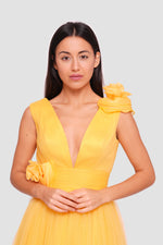 Load image into Gallery viewer, Afnan Yellow Tulle V-neckline Open Back Maxi Dress With Floral Applique Embellishments
