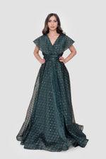 Load image into Gallery viewer, Maristella Embellished Geometric Deep Teal Mesh Maxi Dress
