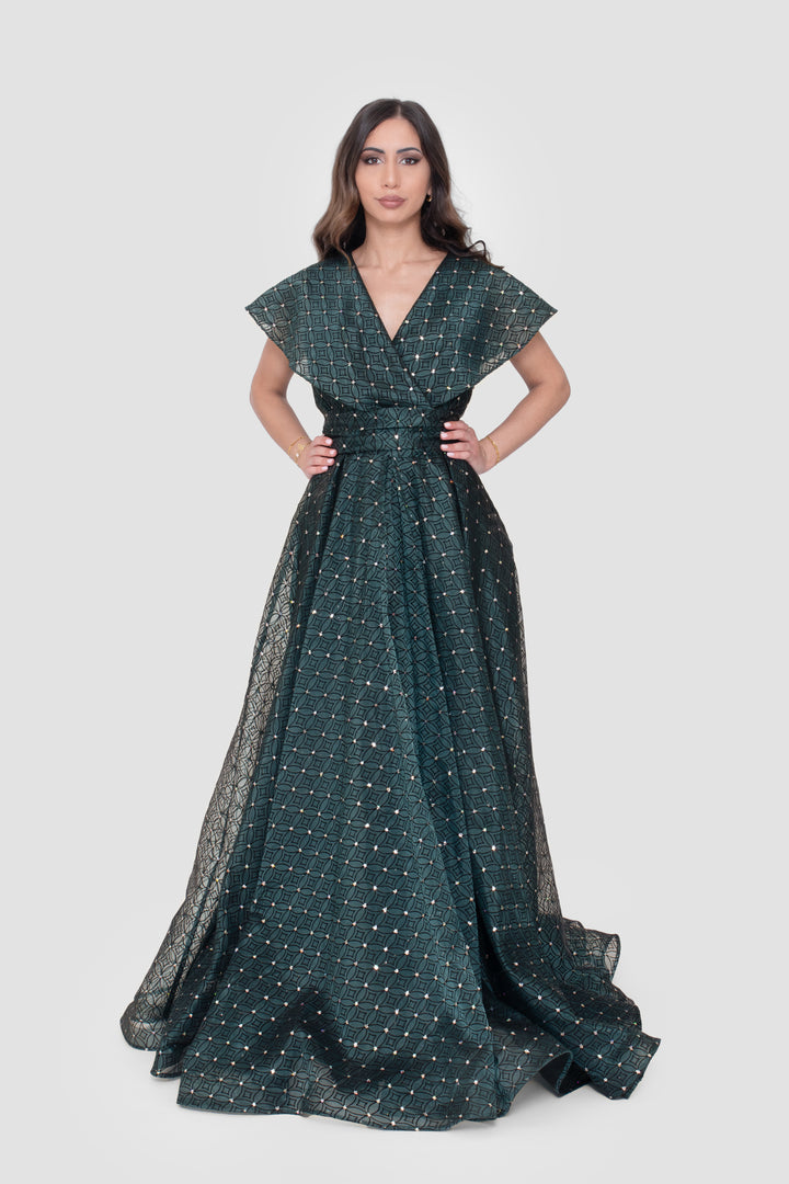 Maristella Embellished Geometric Deep Teal Mesh Maxi Dress