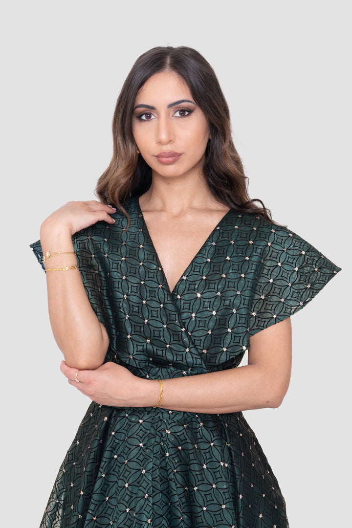 Maristella Embellished Geometric Deep Teal Mesh Maxi Dress