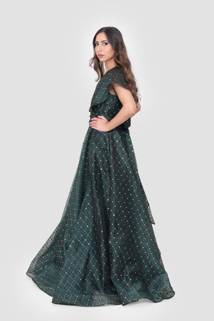 Maristella Embellished Geometric Deep Teal Mesh Maxi Dress